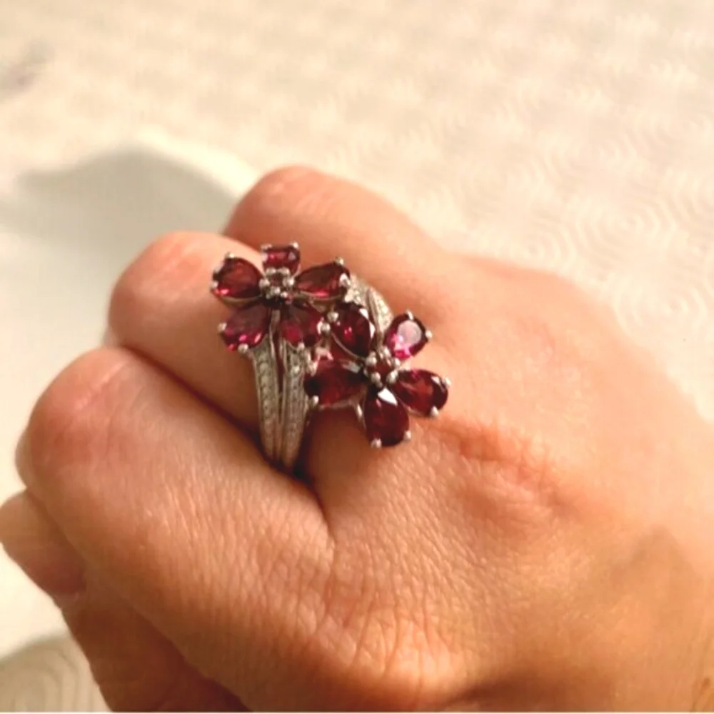 Vintage Boho Evening Sterling Silver Red Crystal Flower Cocktail Ring 7 - Picture 9 of 11